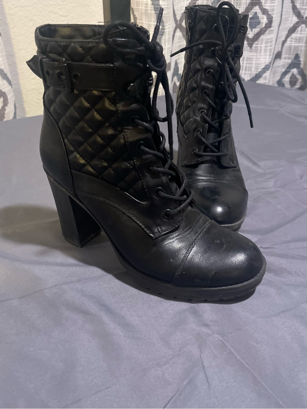 Guess Black Quilted Lace-Up Block Heel Ankle Boots with Buckle